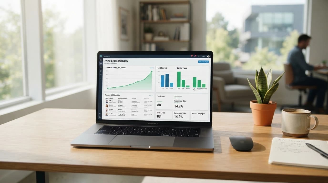 HVAC lead generation workspace showing paid search, Local Services Ads, organic demand, lead routing, and booked-job pipeline performance