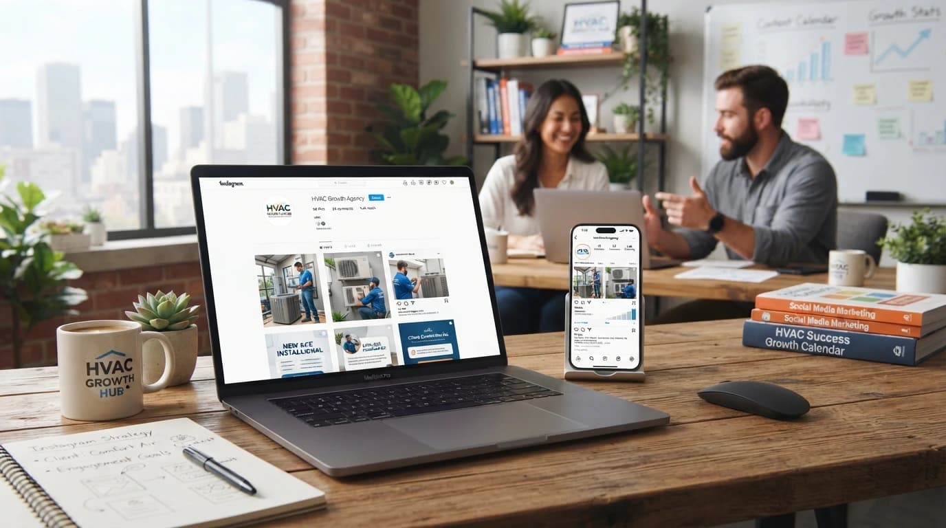 HVAC social media marketing workspace showing paid campaigns, creative performance, audience targeting, retargeting, and booked-job results