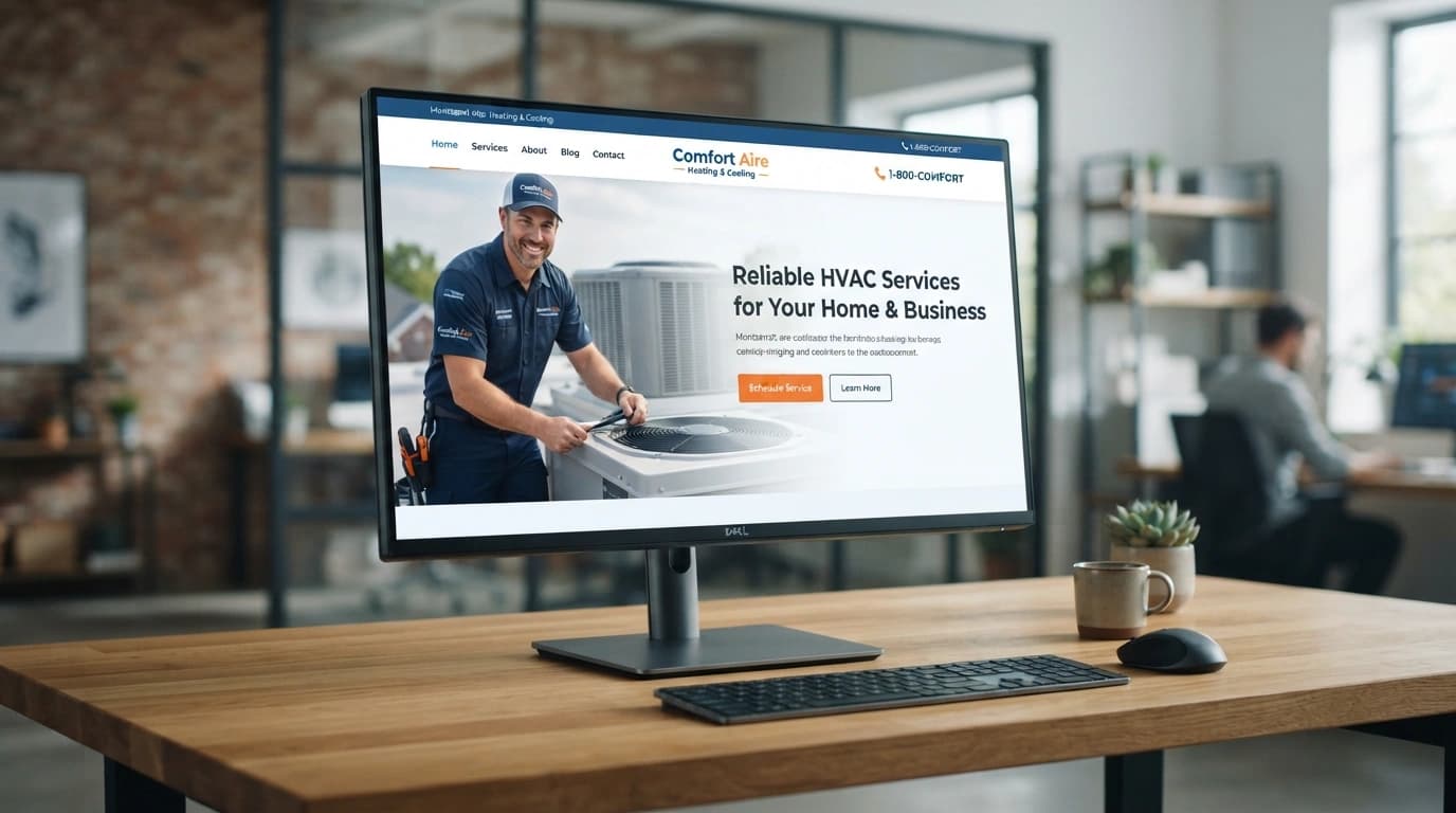HVAC web design workspace showing emergency and planned-service user journeys, financing flows, local service pages, and conversion performance