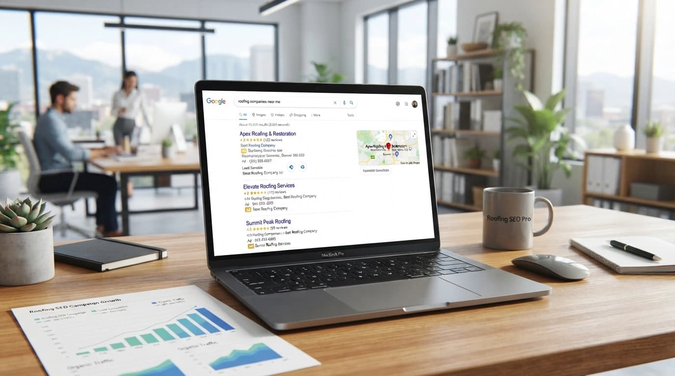 Roofing SEO workspace showing local search visibility, Google Business Profile performance, service-area content, keyword rankings, and organic lead generation