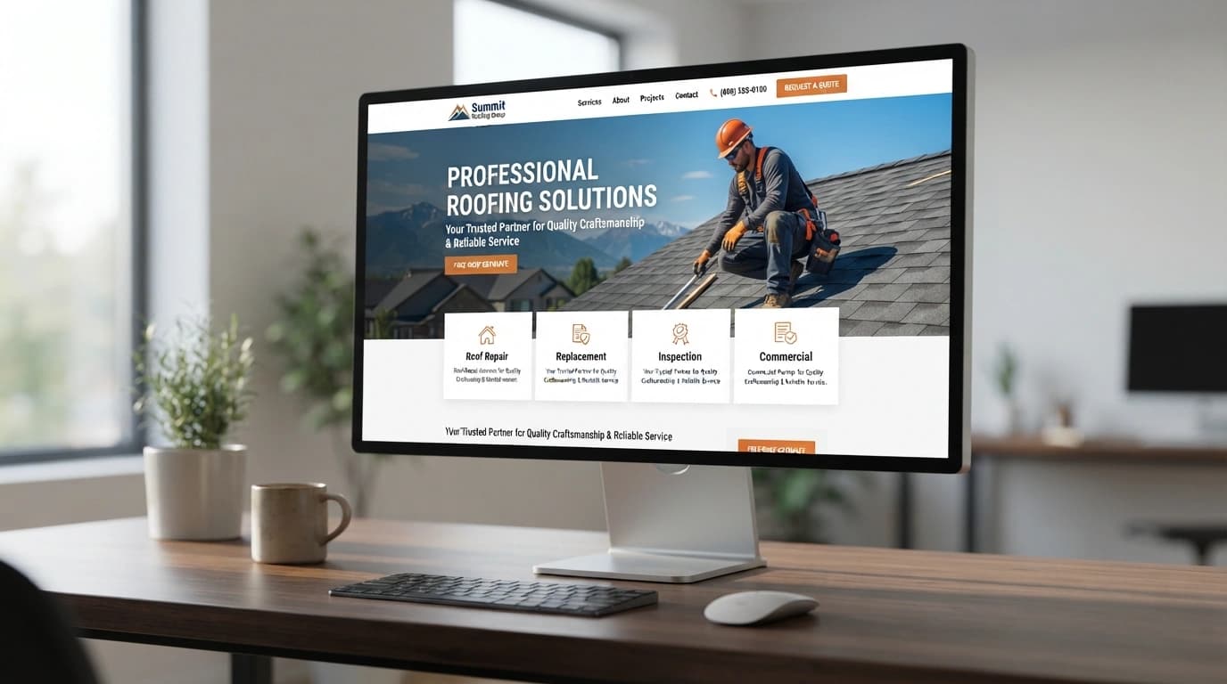 Roofing web design workspace showing inspection and quote flows, trust signals, financing information, project galleries, and conversion-focused layouts