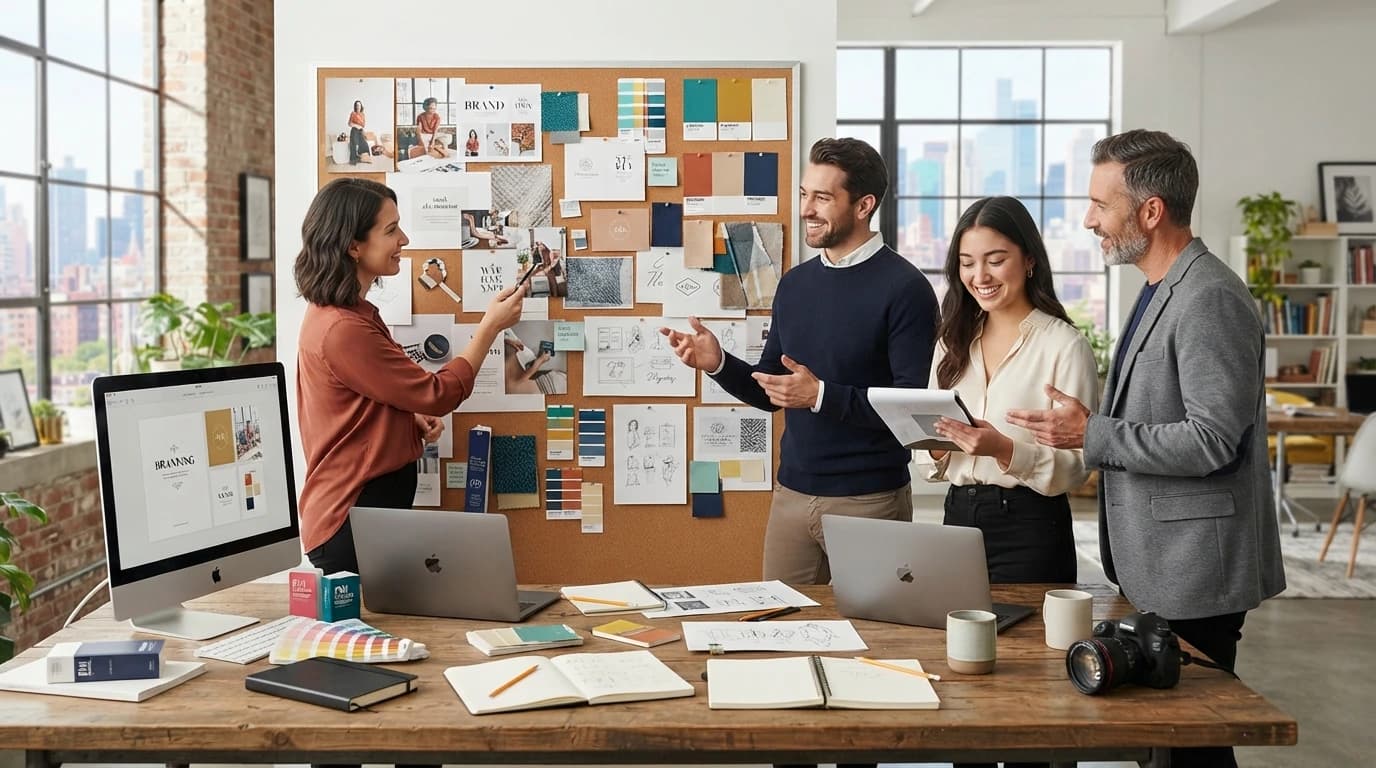 Brand strategy workspace showing positioning, messaging, visual identity, and brand system development