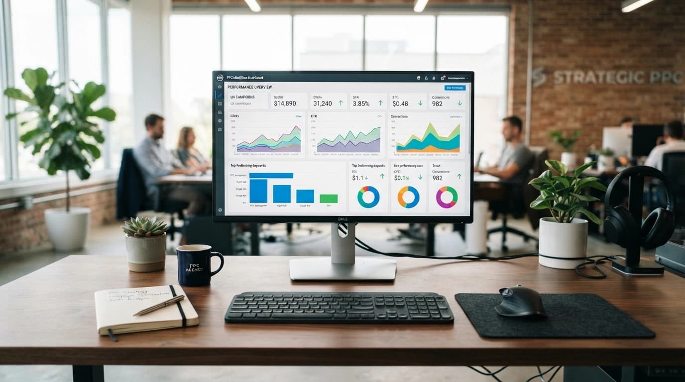 PPC management workspace showing paid search campaigns, acquisition costs, conversion tracking, and pipeline performance