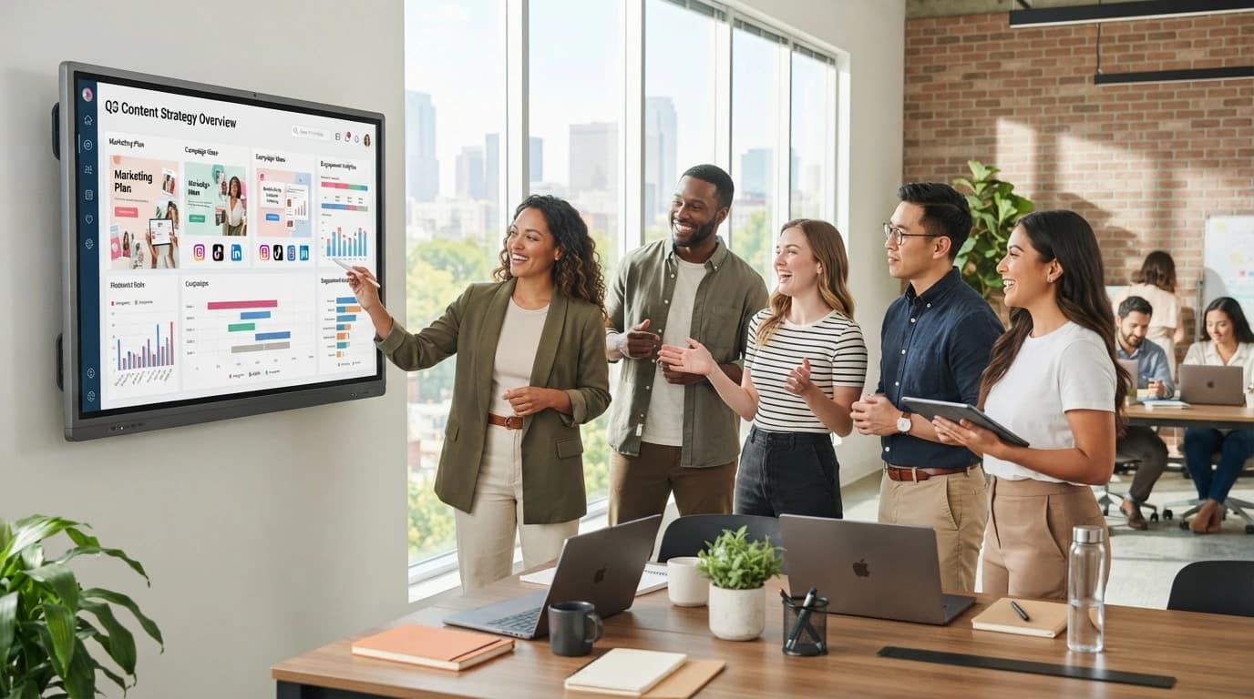 Social media marketing workspace showing paid campaigns, creative performance, audience targeting, engagement, and pipeline results