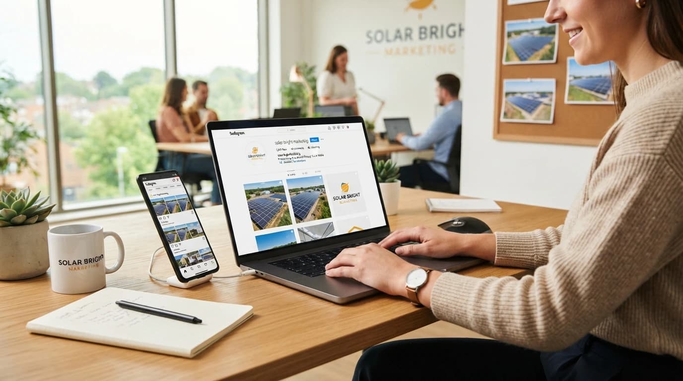 Solar social media marketing workspace showing paid campaigns, creative performance, audience targeting, lead generation, and consultation pipeline results
