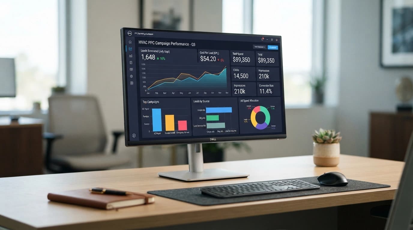 HVAC PPC workspace showing Google Ads, Local Services Ads, lead quality, acquisition costs, and booked-job performance