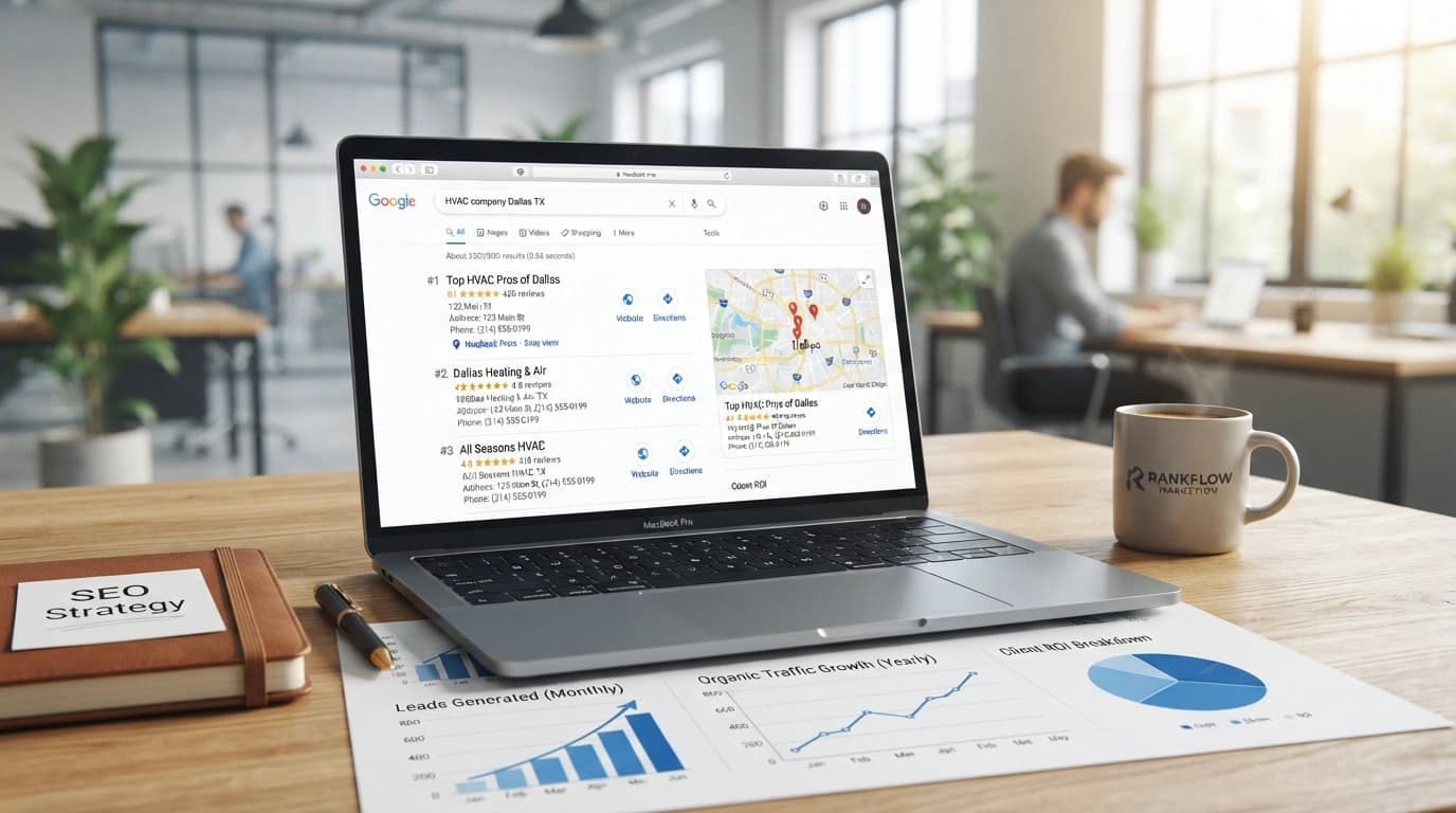 HVAC SEO workspace showing local search visibility, Google Business Profile performance, keyword rankings, service-area content, and organic lead generation
