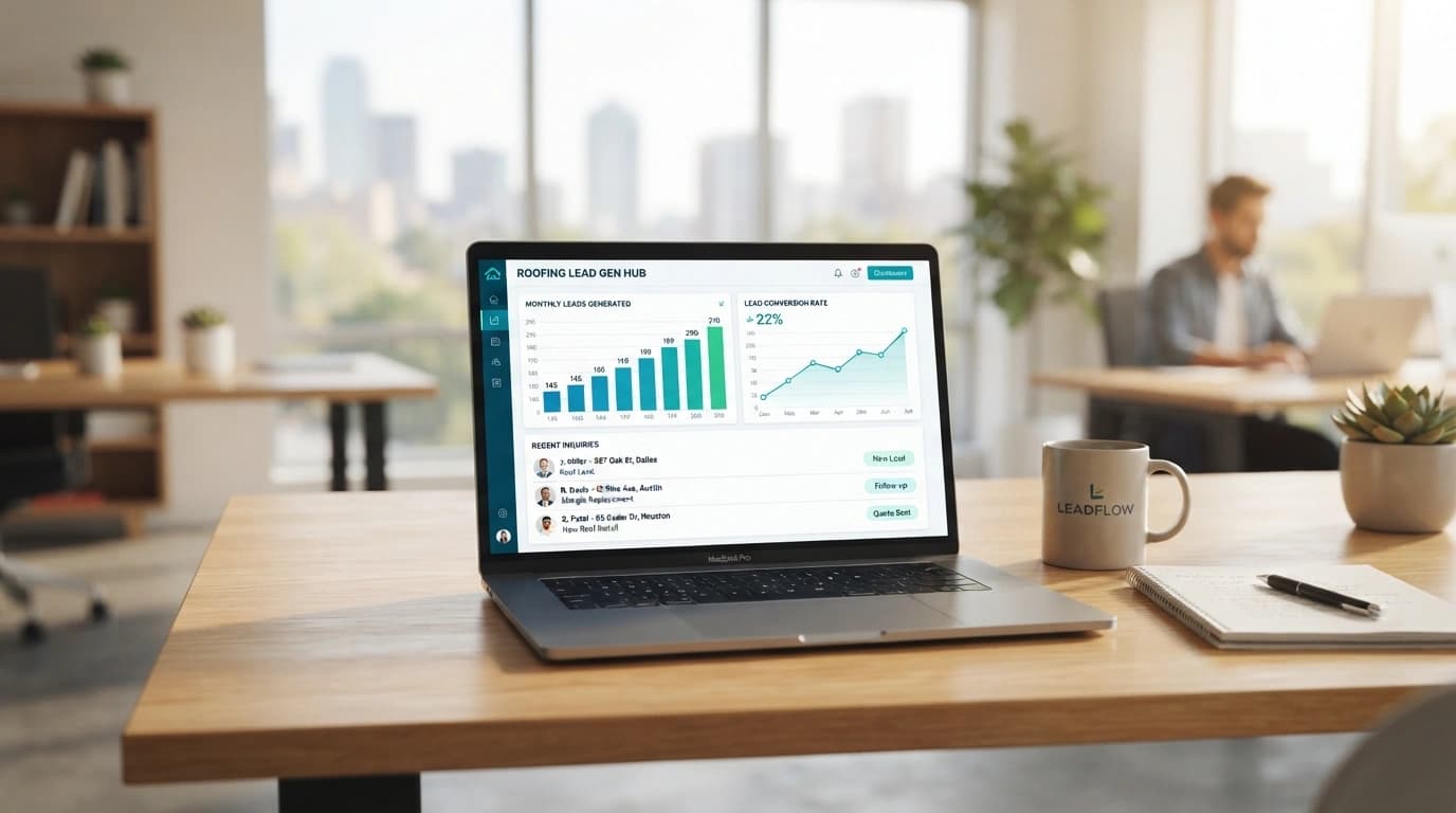 Roofing lead generation workspace showing storm demand, paid search, Local Services Ads, referral channels, and qualified roofing opportunities