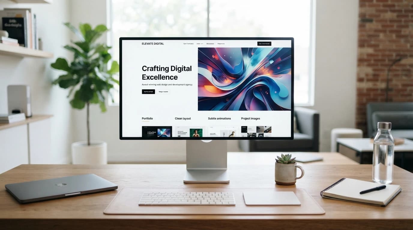 Web design workspace showing conversion-focused layouts, responsive interfaces, analytics, and technical performance