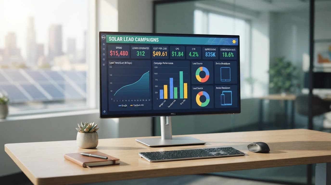 Solar PPC workspace showing Google Ads campaigns, lead quality, acquisition costs, conversion tracking, and booked consultation performance