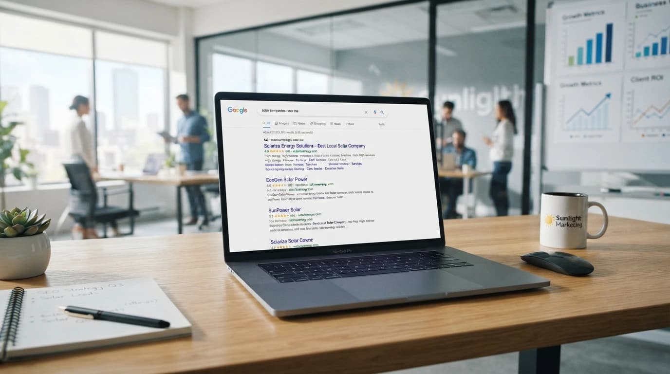 Solar SEO workspace showing local search visibility, keyword performance, technical health, content opportunities, and organic growth