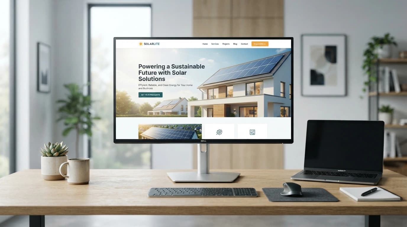 Solar web design workspace showing conversion-focused layouts, financing and quote flows, local service pages, and performance analytics